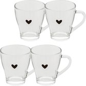 Clayre & Eef Theeglas set van 4 11*8*10 cm / 200 ml Transparant Glas Hartje Theemok Theebeker Koffieglas