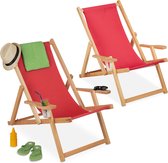 Relaxdays strandstoel hout - met armleuning - ligstoel inklapbaar - campingstoel rood