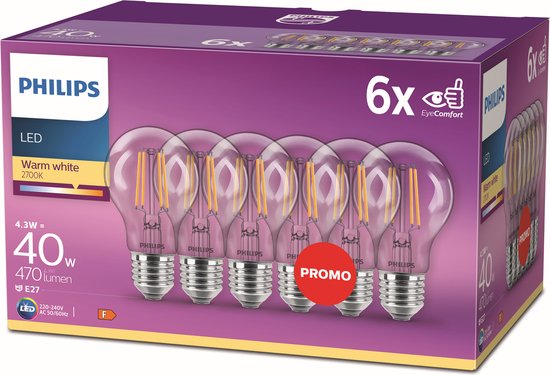 Philips energiezuinige LED Lamp Transparant - 40 W - E27 - warmwit licht -  6 stuks -... | bol.com