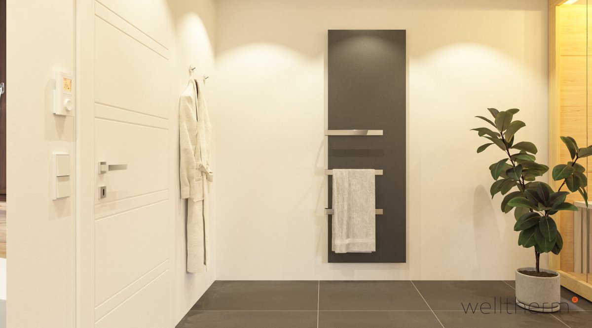 Welltherm luxe badkamerverwarming met 2 x doorlopend Handdoekhouder chroom | 660 Watt | Zwart Metaal