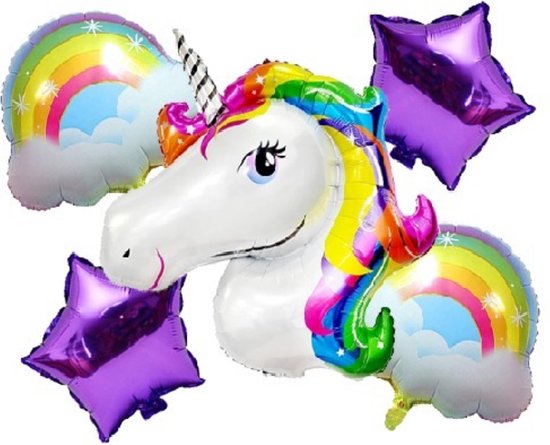 Grote Folie Ballonnen Set Eenhoorn Unicorn 80 x 110 cm - 5 folieballonnen met lint en rietje - Unicorn versiering - Eenhoorn Feestpakket - Helium ballon - Eenhoorn versiering verjaardag - Unicorn versiering Unicorn feestje Unicorn feestpakket
