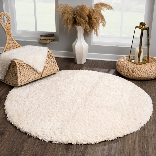 Tapis rond doux et moelleux Porto à poils longs crème unie - 150CM ROND