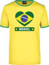 Brasil geel/groen ringer t-shirt Brazilie vlag in hart - heren - Brazilie landen shirt - Braziliaanse supporter kleding L