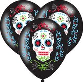12x Zwarte horror ballonnen Day of the dead sugarskull print 27,5 cm - Halloween ballon decoratie en versiering