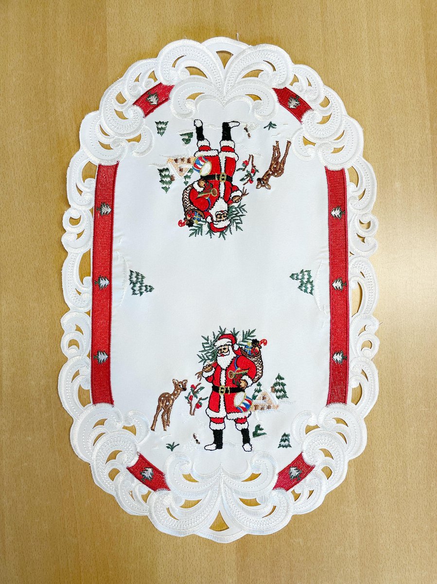 Tafelkleed - Kerst - Offwhite met rode rand en kerstman - Loper 45 cm