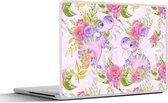 Laptop sticker - 12.3 inch - Dinosaurussen - Bloemen - Kinderkamer - Meisjes - Kinderen - Roze - Meid - 30x22cm - Laptopstickers - Laptop skin - Cover