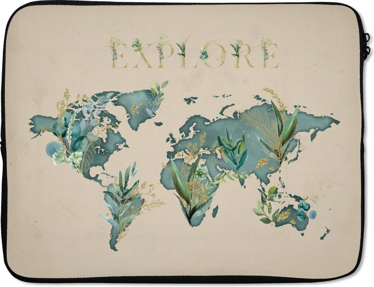 Laptophoes 17 inch - Wereldkaart - Planten - Turquoise - Laptop sleeve - Binnenmaat 41x28 cm - Zwarte achterkant