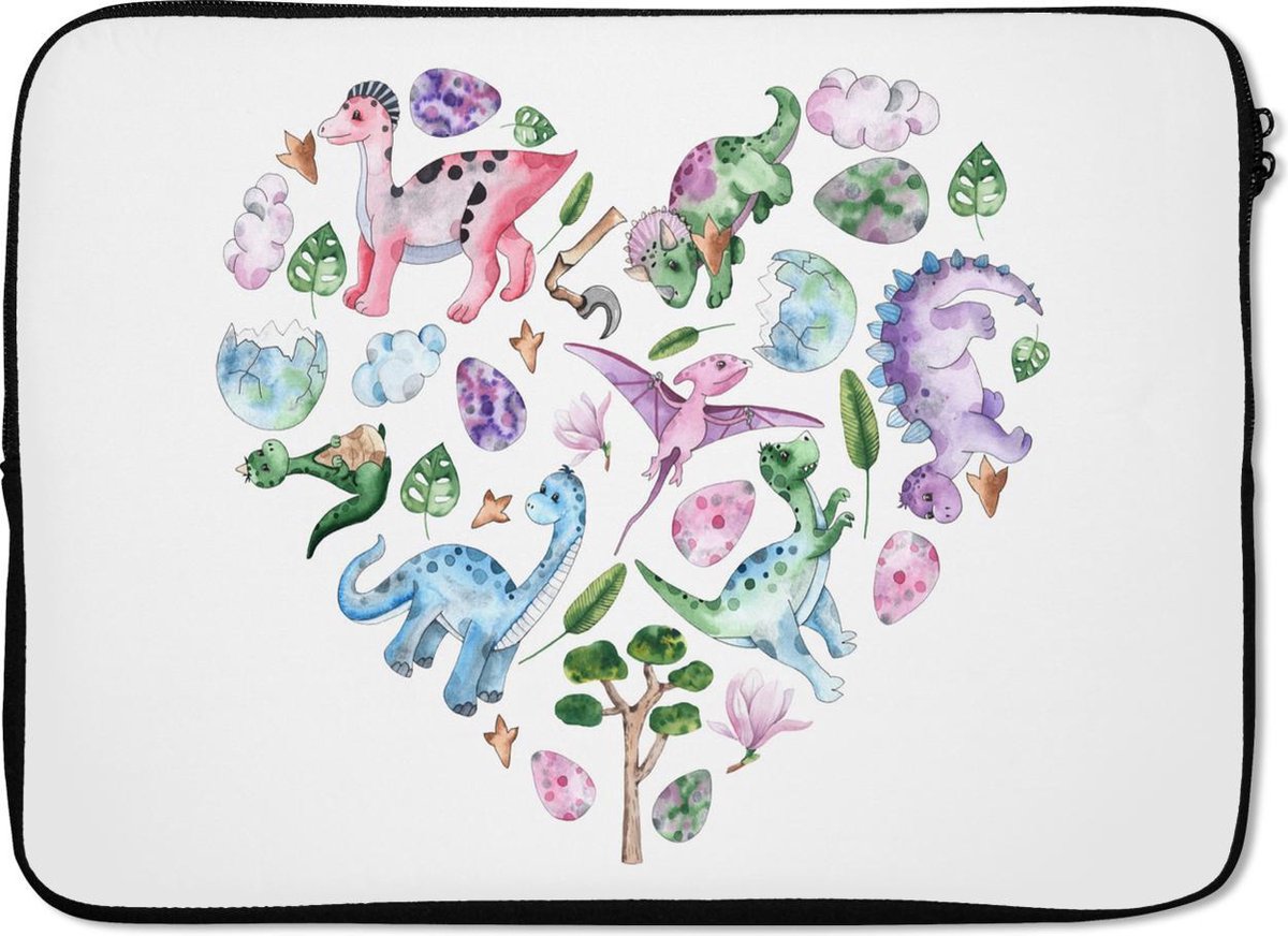 Laptophoes 13 inch - Kinderkamer - Patroon - Dinosaurus - Meisjes - Kinderen - Roze - Kids - Laptop sleeve - Binnenmaat 32x22,5 cm - Zwarte achterkant