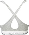 Achterkant van grijze Calvin Klein bralette met gekruiste bandjes en witte band met logo.