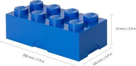 Blauwe LEGO opbergdoos in de vorm van een 8-knops steen, met afmetingen 200 x 100 x 73 mm.