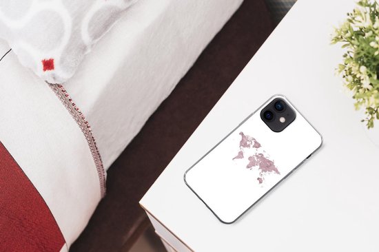 Telefoonhoesje Geschikt voor iPhone 12 hoesje - Wereldkaart - Roze - Wit - Siliconen Telefoonhoesje Telefoonhoesje