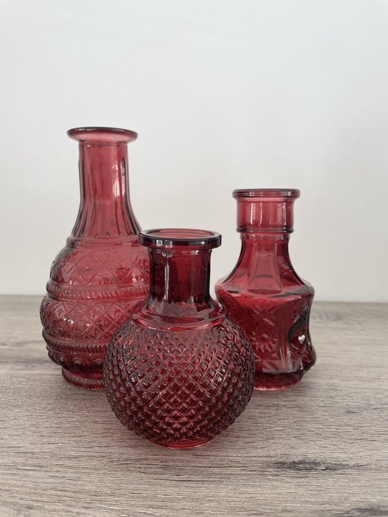 Sommerfield Glazen vaasjes - set van 3 stuks - Rood - Bolvaas - Vaasjes klein - Woonaccessoires - Decoratie - Vaas voor kaarsen