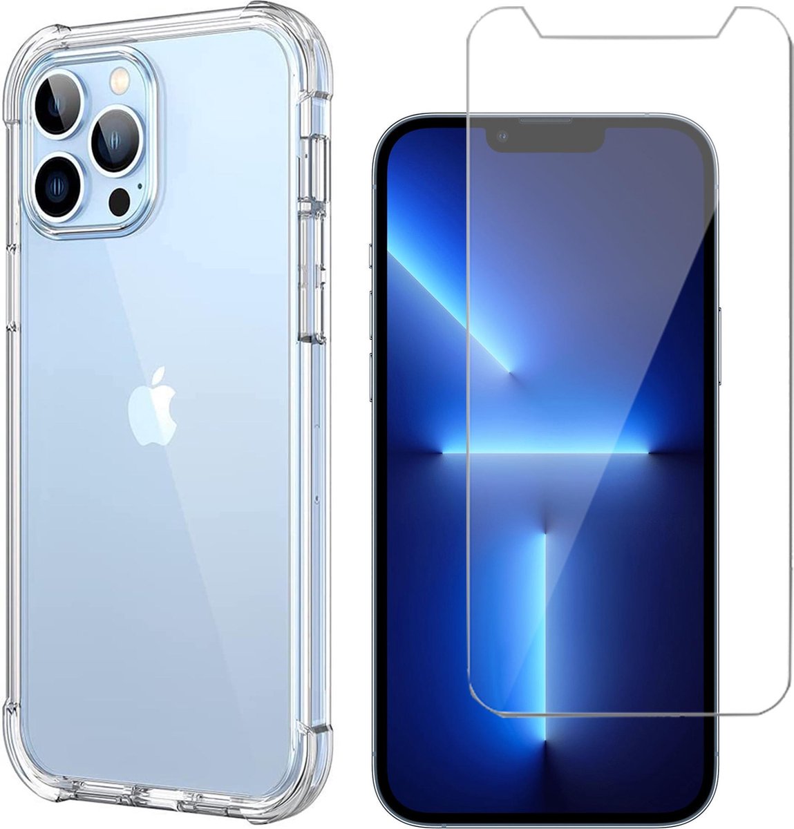 Hoesje Transparant geschikt voor Apple iPhone 13 Pro Max - Screenprotector en Shock Proof Hoesje Case met Versterkte rand en Screen Protector