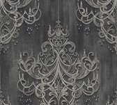Livingwalls Mata Hari - Barok ornamenten behang - Kroonluchter met kralenpatroon - grijs zwart goud - 1005 x 53 cm