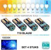 4x T10 Led Lamp Blauw (Set 4 stuks) 10000K Canbus 5W5 | W5W | Blue | Led Signal Light | 12V | 168 | 194 | 2x | Stadslicht | Kentekenplaat Verlichting | 4014 15SMD | Autolamp | 1000