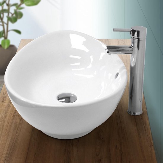 Lavabo ovale 590x390x200 mm, blanc, céramique - avec bonde avec trop-plein