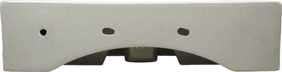 Arrière d'une vasque rectangulaire en céramique blanche avec des trous d'évacuation et de robinetterie.