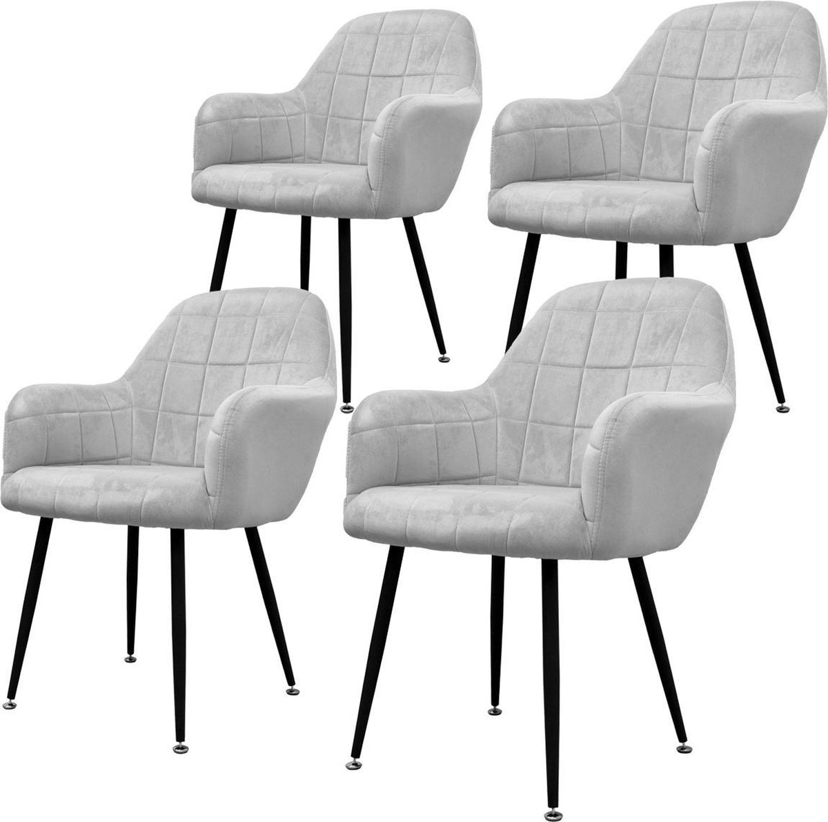 ecd germany Set van 4 Eetkamerstoelen Eetkamerstoel met rugleuning en armleuningen Grijze Fluwelen Zitting Metalen Poten Keukenstoelen Woonkamerstoeltjes Gestoffeerde Stoeltjes Fauteuils Grijs