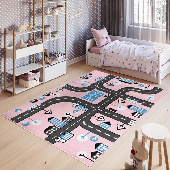 Tapiso Pinky Vloerkleed Kinderkamer Speeltapijt Kleed Stad Tapijt Maat- 200x300