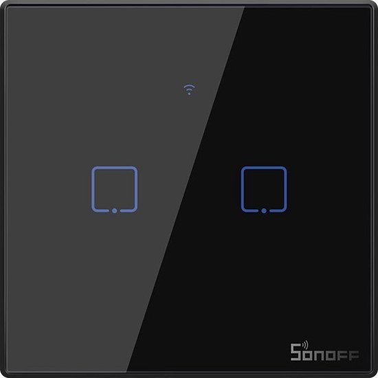 Zwarte Sonoff smart wall switch met twee knoppen en een wifi-icoon.