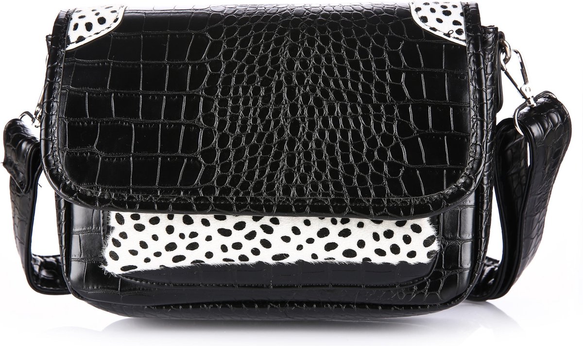 Michelle Bags and Accessories - Luxe schoudertas in Croco zwart met Cheetah print