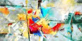 JJ-Art (Aluminium) 100x50 | Planken op deur, abstract, woonkamer - slaapkamer | Rood, geel, blauw, modern | Foto schilderij print op Dibond / Aluminium (metaal wanddecoratie) | KIE