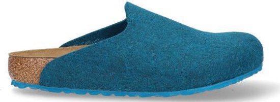 Petrolkleurige Birkenstock Amsterdam pantoffel van wolvilt met kurken zoolrand en blauwe loopzool.
