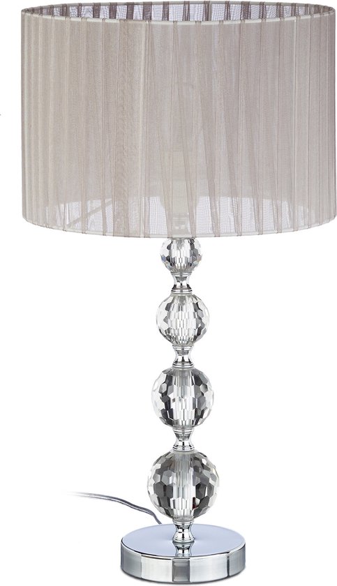 Relaxdays nachtlamp kristal - 53 x 29,5 x 29,5 cm - ronde kap - leeslamp - grijs-zilver