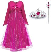 Prinsessenjurk Meisje - Elsa roze jurk - maat 134/140 - Verkleedkleren Meisje- Kroon - Toverstaf