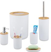 Relaxdays 6-delige badkameraccessoires set bamboe - badkamerset - toilet set - accessoires - wit