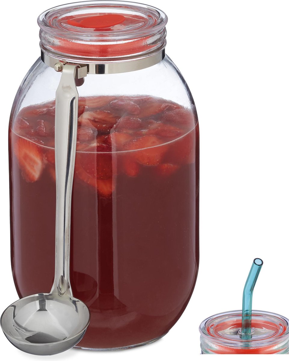 glazen voorraadpot - 3 liter - met opscheplepel - met deksel - opening voor rietje