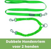 Dubbele hondenriem - duo - voor 2 honden - groen - alle rassen en gewichten - schok absorberend - reflecterend in het donker - complete set - koppelstuk en hondenriem - geschikt voor iedere h