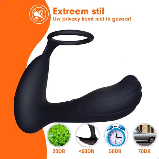 Zwarte prostaat vibrator met een ring, vibrerend op 20DB, <50DB, 50DB, 70DB.