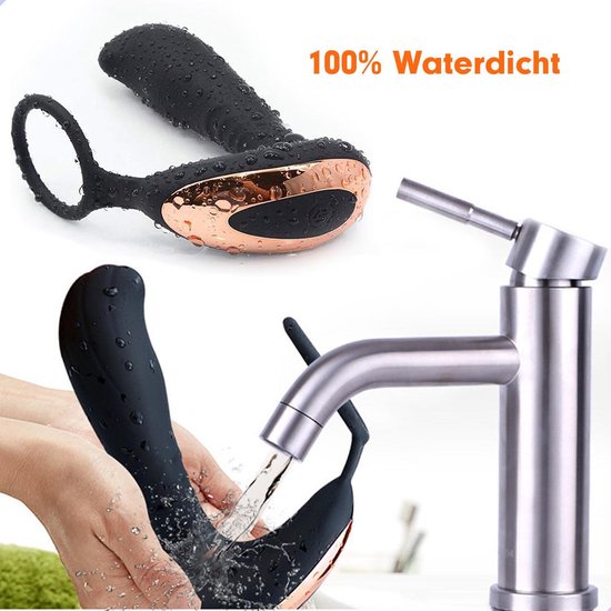 Zwarte prostaat vibrator met waterdruppels, naast een kraan.