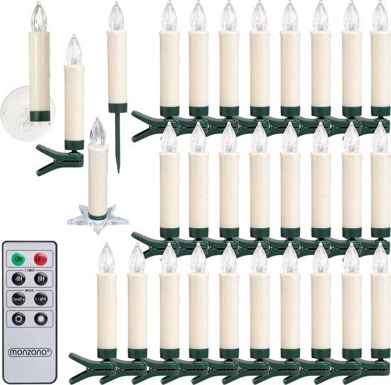 Een set van 30 batterij-aangedreven LED-kaarsen met afstandsbediening en diverse bevestigingsopties.