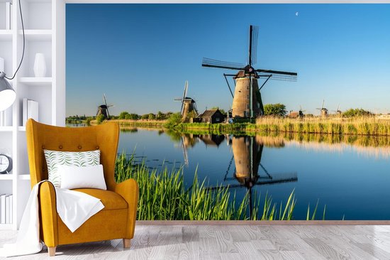 Papier peint - Papier peint Papier peint photo Clear Day aux moulins à vent de Kinderdijk aux Pays- Nederland - Largeur 525 cm x Hauteur 350 cm