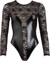 Cottelli Collection –  Wetlook Kanten Afwerking String Body voor de Perfecte Date met Happy End – Maat S – Zwart
