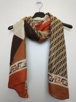 Lange dames sjaal Rita fantasieprint camel donkerbruin oranje wit