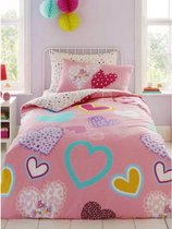 1-persoons meisjes dekbedovertrek (dekbed hoes) roze met verschillende retro hartjes / harten (hearts) in patchwork, stippen en pastel tinten eenpersoons 140 x 200 cm (cadeau idee