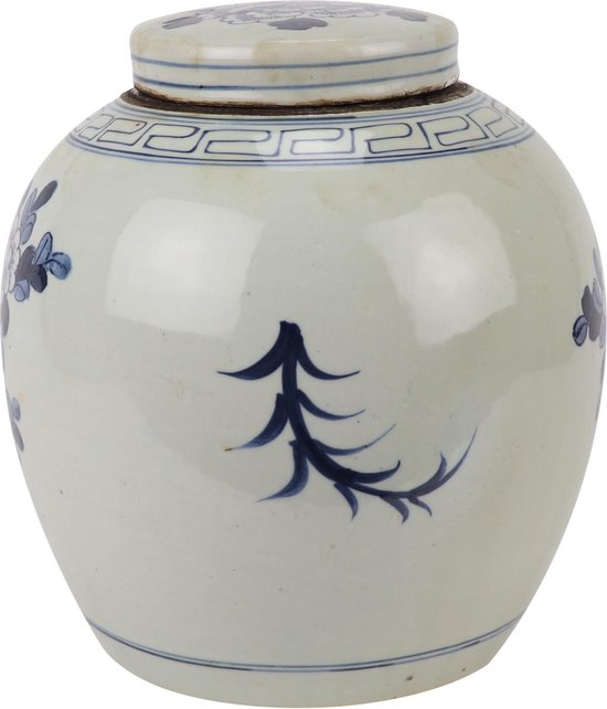 Blauw-witte porseleinen gemberpot met bloemendecoratie en deksel. Gemaakt door Fine Asianliving.