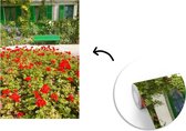 Behang - Fotobehang Bankje met bloemen in de Franse tuin van Monet in Europa - Breedte 175 cm x hoogte 260 cm