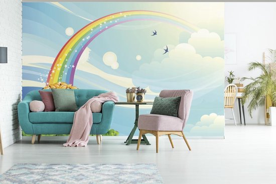 Behang - Fotobehang een regenboog onder een bewolkte lucht - Breedte 330 cm  x hoogte... | bol.com