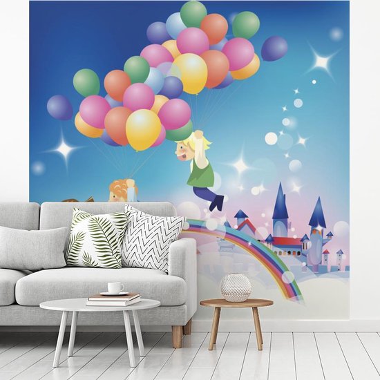 Papier peint photo vinyle - Une illustration d'une fille avec des ballons aux couleurs de l'arc-en-ciel largeur 350 cm x hauteur 350 cm - Tirage photo sur papier peint (disponible en 7 tailles)