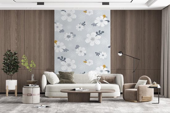 Motif pour enfants avec des fleurs blanches avec des feuilles bleues et brunes 200x300 cm