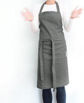 Duurzame lange linnen schort voor dames en heren/ one size effen grijs groen keukenschort met twee zakken/ stevige schort met tailleband