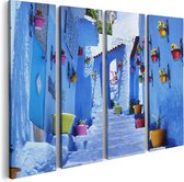 Artaza Canvas Schilderij Vierluik Blauwe Huizen met Bloempotten in Chefchaouen, Marokko - 80x60 - Foto Op Canvas - Canvas Print