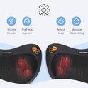 Twee zwarte massagekussens met rode gloed. Iconen voor "Warmte therapie", "Snelheidsregelaar", "Aan/uit knop", "Massage draairichting".