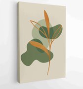Canvas schilderij - Green and earth tone background foliage line art drawing with abstract shape and watercolor 4 -    – 1922511887 - 40-30 Vertical