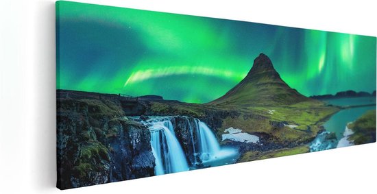 Artaza Canvas Schilderij Noorderlicht bij de Watervallen in IJsland - 90x30 - Foto Op Canvas - Canvas Print