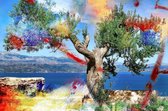 JJ-Art (Canvas) 60x40 | Abstract - bloemen - tuin - kunst - kleurrijk, felle kleuren, woonkamer - slaapkamer | plant - natuur, rood, blauw, groen, geel, modern | Foto Schilderij pr